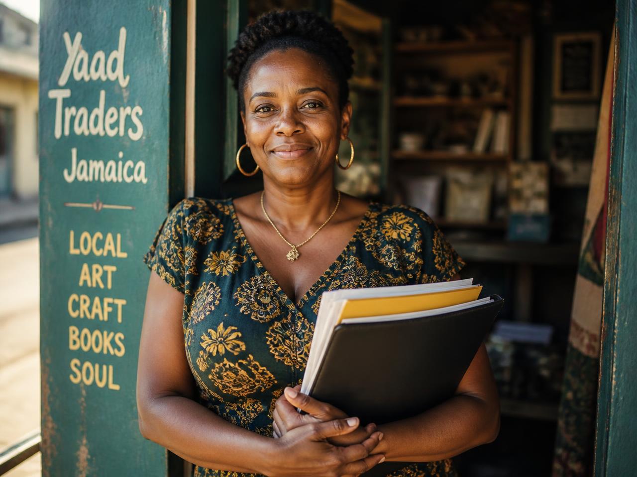 Jamaican shop owner holding her business registration documents
